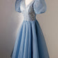 A-line V-neck Sequins Short Prom Dress, Blue Short Sleeve Evening Dress nv1640