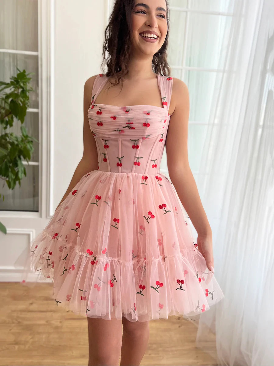 Robe de bal mini en tulle cerise mignonne, robe de soirée trapèze rose à lacets nv1633