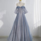 Blue Tulle Long Prom Dress, A-Line Off the Shoulder Blue Evening Party Dress nv1422