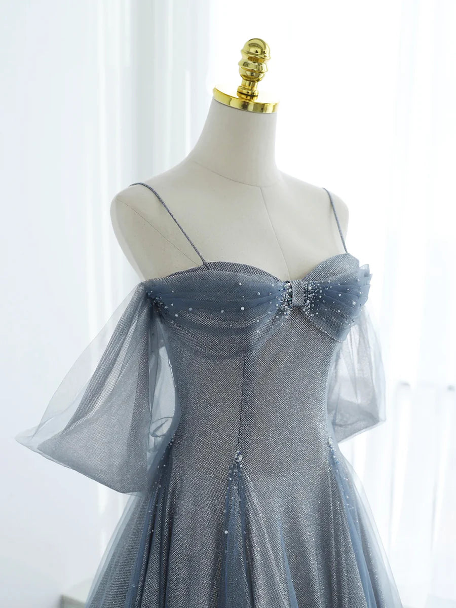 Blue Tulle Long Prom Dress, A-Line Off the Shoulder Blue Evening Party Dress nv1422