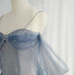 Blue Tulle Long Prom Dress, A-Line Off the Shoulder Blue Evening Party Dress nv1422
