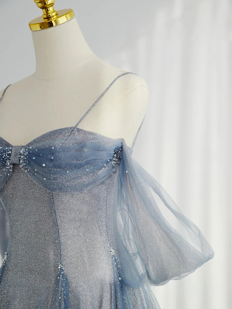 Blue Tulle Long Prom Dress, A-Line Off the Shoulder Blue Evening Party Dress nv1422