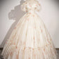 Champagne Floral Tulle Long Prom Dress, Beautiful Short Sleeve A-Line Evening Party Dress nv1614