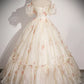 Champagne Floral Tulle Long Prom Dress, Beautiful Short Sleeve A-Line Evening Party Dress nv1614