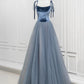 A-Line Velvet Tulle Long Prom Dress, Gray Blue Spaghetti Strap Evening Party Dress nv1572