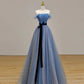 Grey tulle floor length ball gown, A-line off-the-shoulder evening gown nv2833