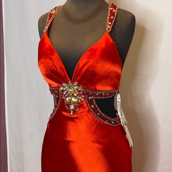 Red gorgeous shiny fashion exquisite beaded backless long elegant satin floor-length train ball gown evening dress nv3641