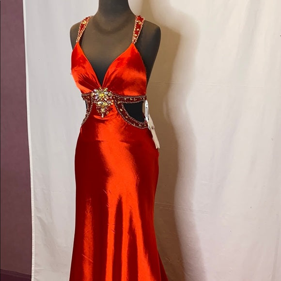 Red gorgeous shiny fashion exquisite beaded backless long elegant satin floor-length train ball gown evening dress nv3641