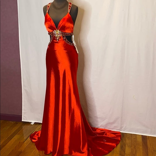 Red gorgeous shiny fashion exquisite beaded backless long elegant satin floor-length train ball gown evening dress nv3641