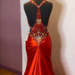 Red gorgeous shiny fashion exquisite beaded backless long elegant satin floor-length train ball gown evening dress nv3641