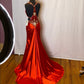 Red gorgeous shiny fashion exquisite beaded backless long elegant satin floor-length train ball gown evening dress nv3641