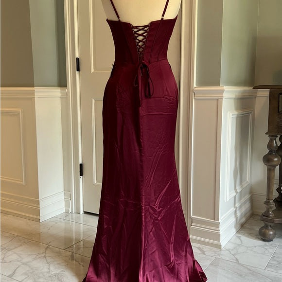 Burgundy elegant fashion new arrival exquisite corset long satin floor-length sexy slit ball gown evening dress party dress nv3647