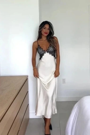 White Spaghetti Strap Backless Bodycon Satin Lace Long Ball Gown Evening Dress nv1916