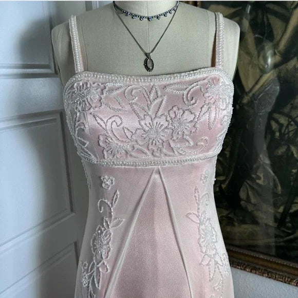 Peach Pink Vintage Fashion Exquisite Beading Elegant Spaghetti Strap Long Satin Ball Gown Evening Dress Party Dress Prom Dress nv3772