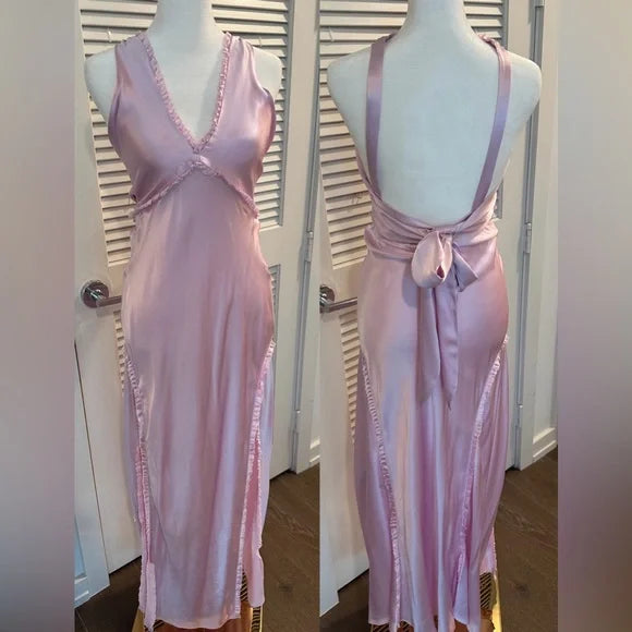 Pink Fashion Elegant V-neck Backless Long Satin Ball Gown Evening Dress Party Dress nv3583