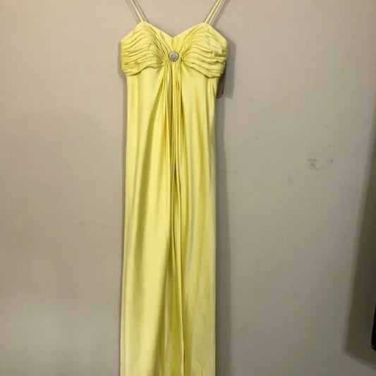 Yellow solid color fashion elegant sleeveless long satin floor length ball gown evening dress party dress nv3721