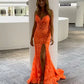 Orange fashion unique V-neck dress long lace mermaid slim fit slit ball gown evening dress nv120