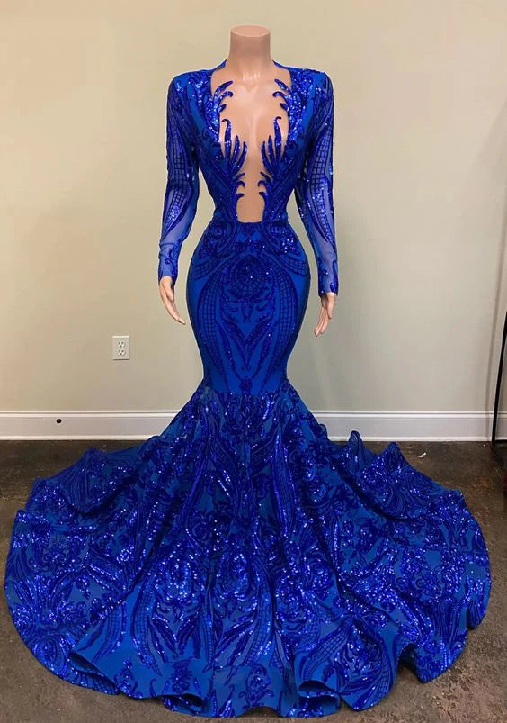 Blue shiny sexy v-neck long sleeves formal prom dress evening gown party dress  nv111