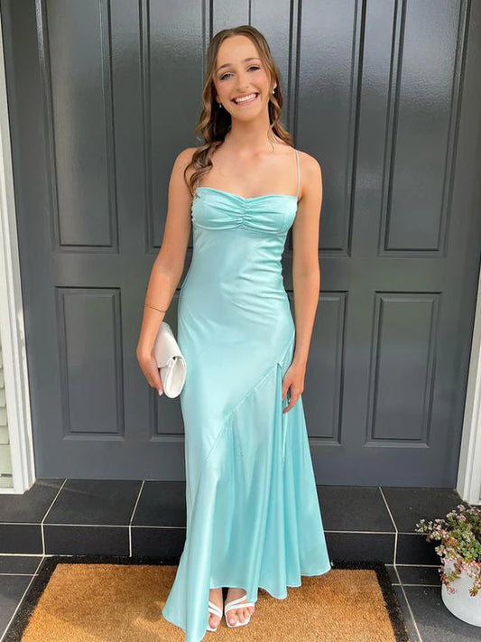 Blue simple elegant spaghetti straps long side slits slim fit ball gown evening dress party dress nv1640