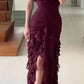 Purple Fashion Elegant Spaghetti Strap Long Chiffon Ruffle Ball Gown Evening Dress Holiday Party Dress Wedding Guest Dress Prom Dress nv3826