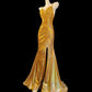 Vintage gold elegant spaghetti strap slit sexy long satin prom dress evening dress nv5233