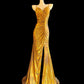 Vintage gold elegant spaghetti strap slit sexy long satin prom dress evening dress nv5233