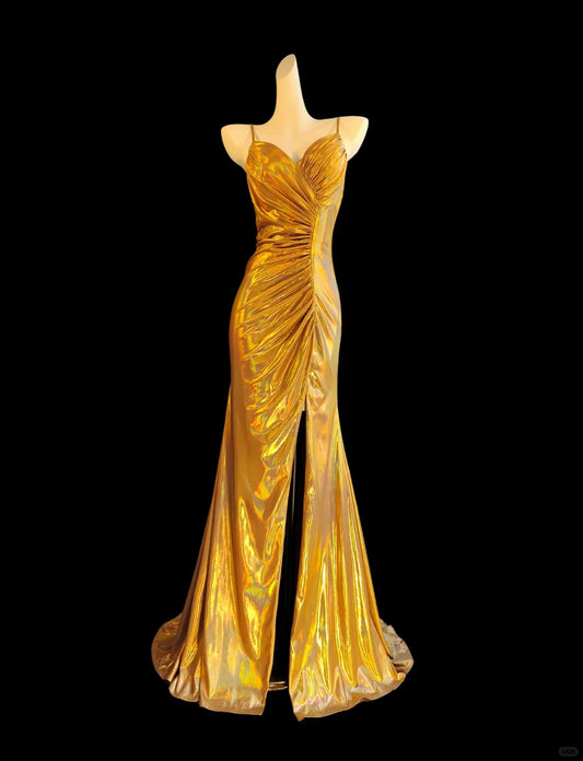 Vintage gold elegant spaghetti strap slit sexy long satin prom dress evening dress nv5233