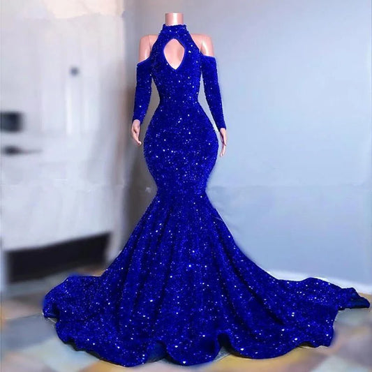 NiceVestidos - Robe de bal longue à manches longues et épaules dénudées, ornée de sequins, bleu royal NV6061