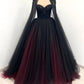 Robe de soirée sans manches en tulle dégradé noir et rouge | Robe de gala glamour luxueuse avec cape perlée et traîne bustier NV6298
