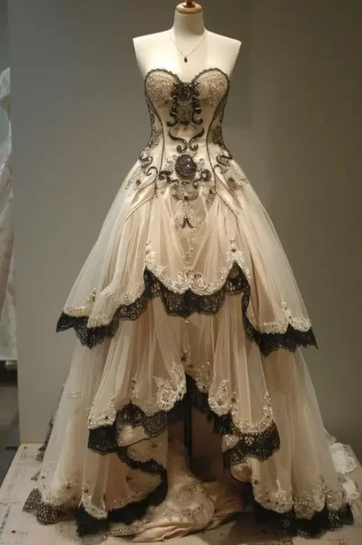 Robe de bal bustier beige et noire en dentelle contrastée, style gothique sombre - Robe rétro pour dîner ou cosplay NV6393