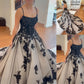 Robe de soirée spectaculaire en dentelle foncée gris-noir dégradé | Traîne en tulle pailleté, sans bretelles/à fines bretelles | NV6323