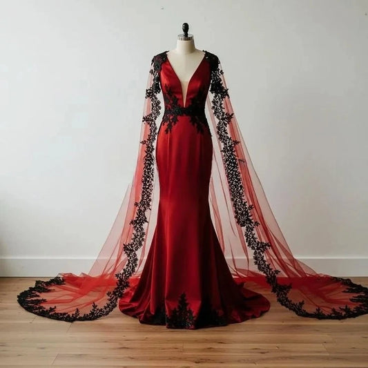 Robe sirène en satin bordeaux à décolleté plongeant et dentelle noire, modèle NV6227