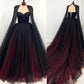 Robe de soirée sans manches en tulle dégradé noir et rouge | Robe de gala glamour luxueuse avec cape perlée et traîne bustier NV6298