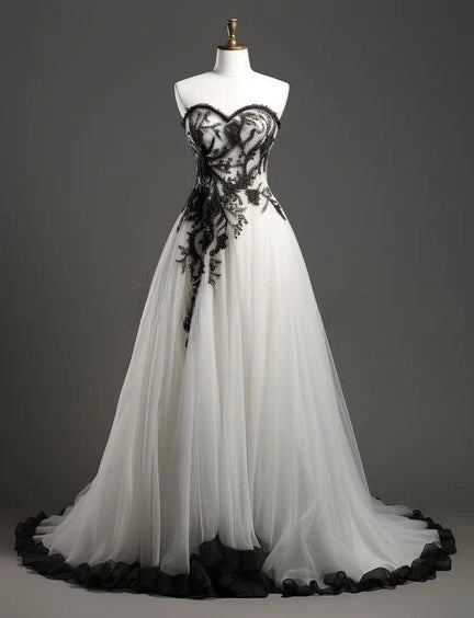 Robe de bal légère en tulle et dentelle, sans bretelles, avec traîne au sol, style gothique sombre - Robe idéale pour une cérémonie de mariage ou une soirée à thème NV6333