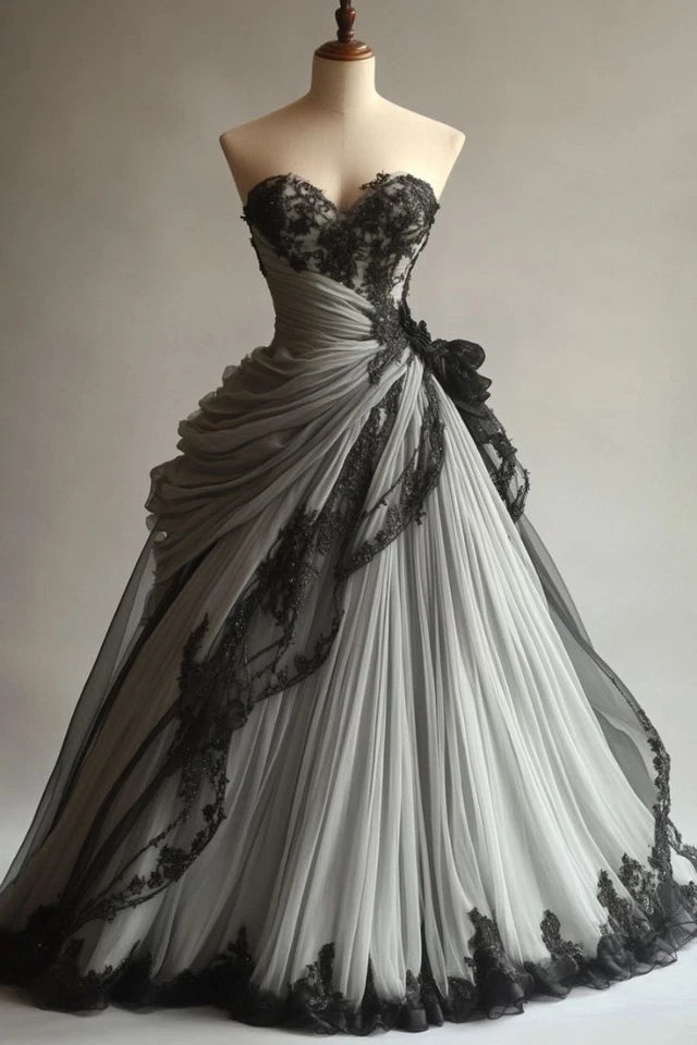 Dark Luxury Style Grey-Black Gradient Lace Strapless Ballgown - Dinner & Retro Theme Ball Dress NV6395