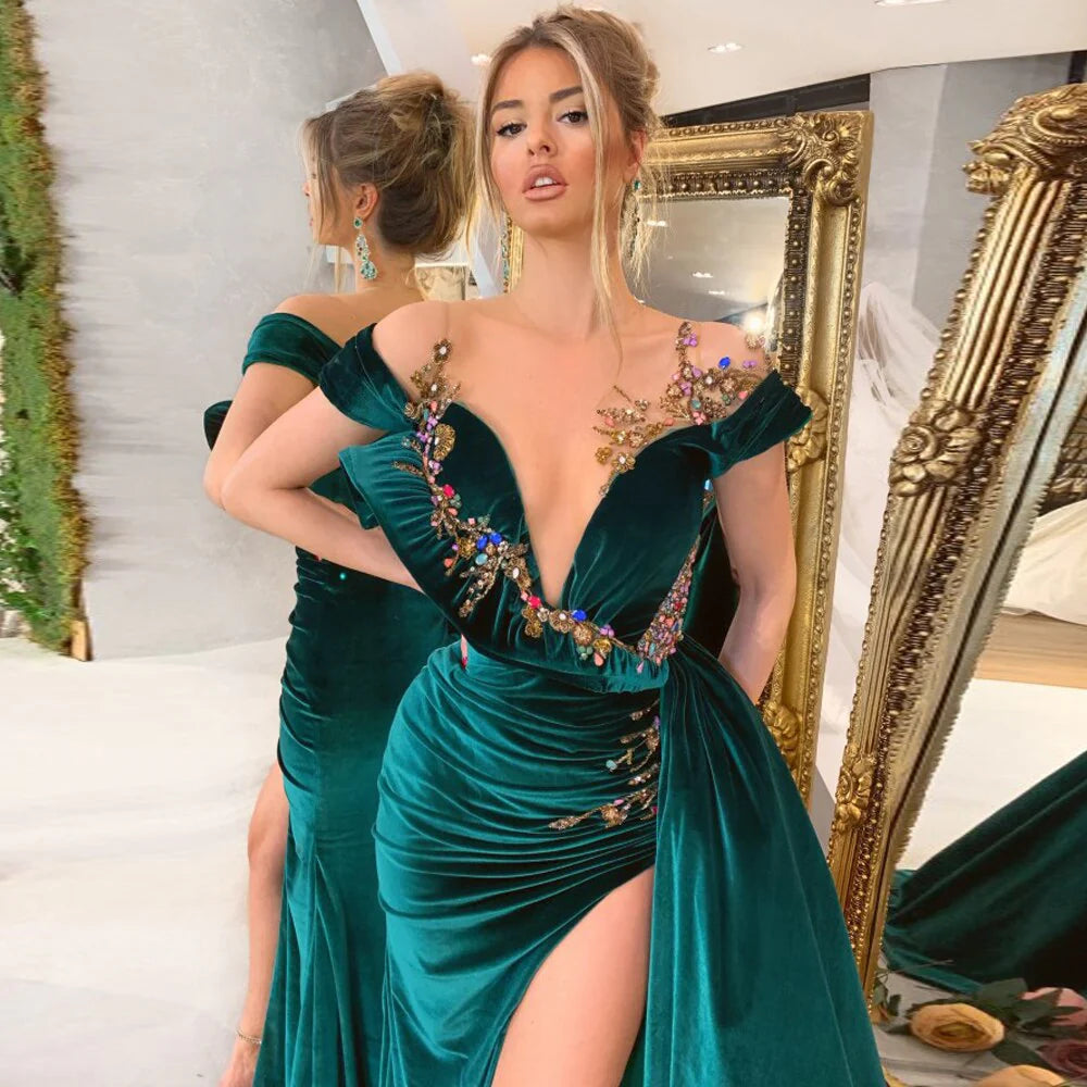 Green luxury gorgeous fashion beaded decoration deep V neck long slit floor length evening gown ball gown nv280