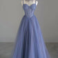 Blue spaghetti strap tulle beaded long ball gown, beautiful A-line evening dress  nv1706