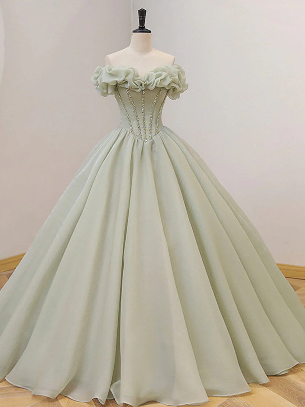 Green Tulle Beading Long Prom Dresses, Green Formal Graduation Dresses nv1529