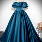 Peacock Blue A-line Puff Sleeve Satin Long Ball Gown Evening Dress nv2042