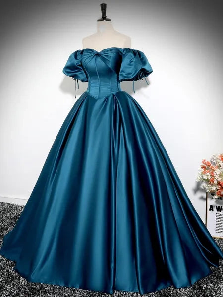 Peacock Blue A-line Puff Sleeve Satin Long Ball Gown Evening Dress nv2042