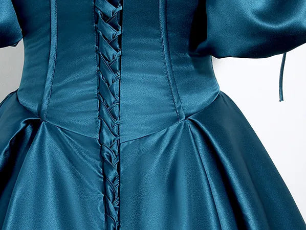 Peacock Blue A-line Puff Sleeve Satin Long Ball Gown Evening Dress nv2042