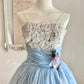 Blue sweet and cute Tutu dress with a purple flower around the waist, A-line skirt, mid-length/short prom dress, evening dress, adult ceremony dress, birthday dress, prom dress nv4097