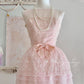 Pink retro cute fashion elegant embroidered flower bud dress long waist tulle velvet bow embellishment cake skirt ball dress evening dress prom dress nv4087