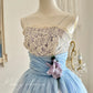 Blue sweet and cute Tutu dress with a purple flower around the waist, A-line skirt, mid-length/short prom dress, evening dress, adult ceremony dress, birthday dress, prom dress nv4097
