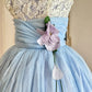 Blue sweet and cute Tutu dress with a purple flower around the waist, A-line skirt, mid-length/short prom dress, evening dress, adult ceremony dress, birthday dress, prom dress nv4097