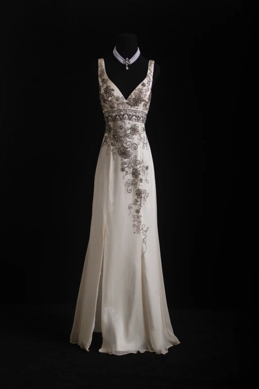 NiceVestidos--Vintage Off-White Beaded Dress Exquisite Beaded Long Ball Gown Graduation Dress NV5860