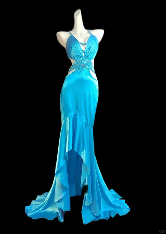 Vintage water blue exquisite beading elegant mermaid backless sexy long satin floor-length prom dress evening dress nv5235
