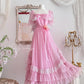 Pink Retro Sweet Cute Fashion Exquisite Lace Bow Puff Sleeve Ruffle Princess Dress Long Tulle Chiffon Ball Dress Evening Dress Birthday Adult Ceremony Party Dress nv4090