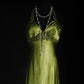 Green Vintage Elegant Exquisite Beading Long Satin Floor Length Train Ball Gown Evening Gown Party Dress nv4121