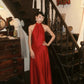 Robe de soirée longue élégante en satin avec bretelles rouges NV6603